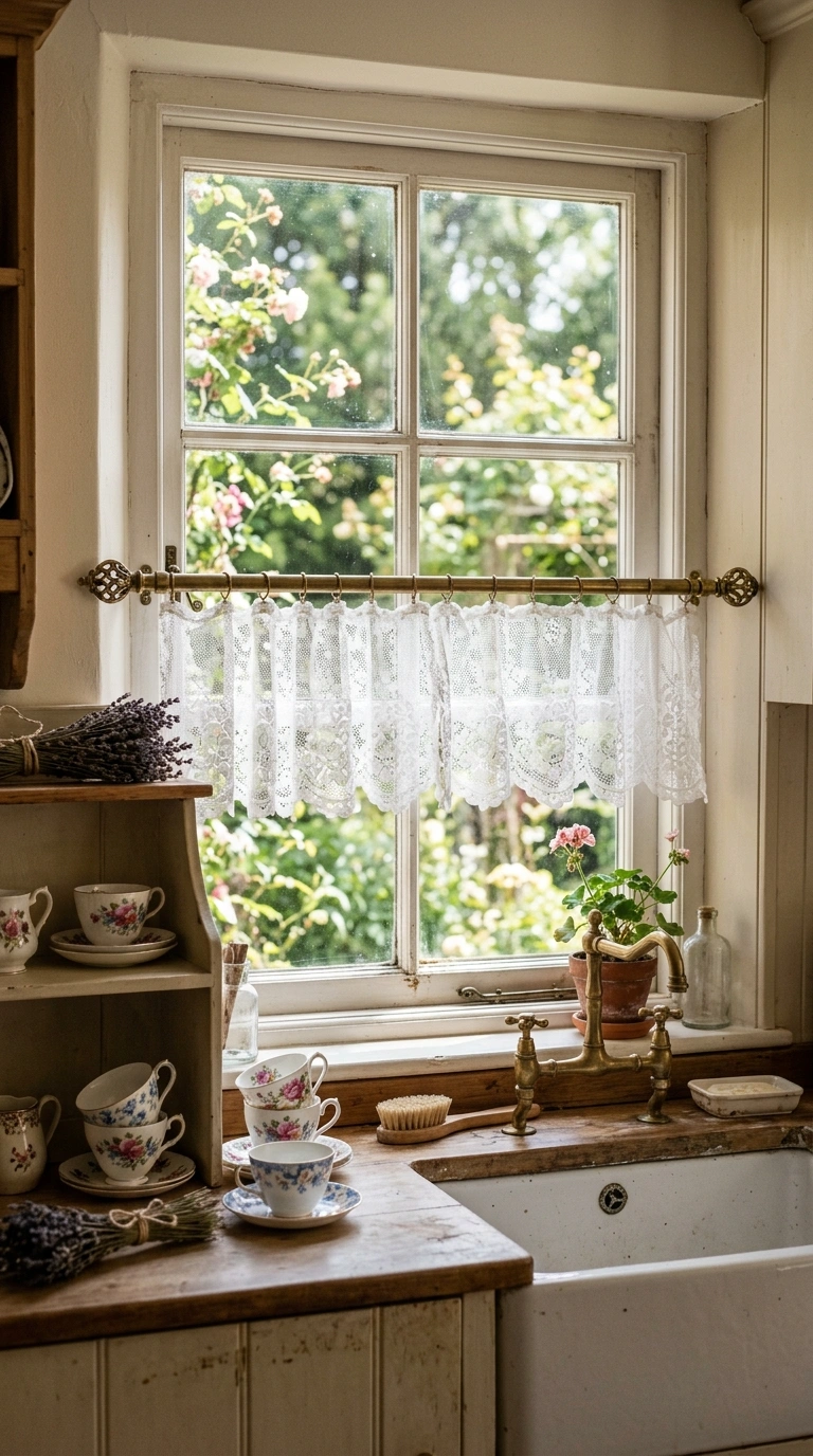 014 Vintage Lace Curtains A cottage kitchen sink windo