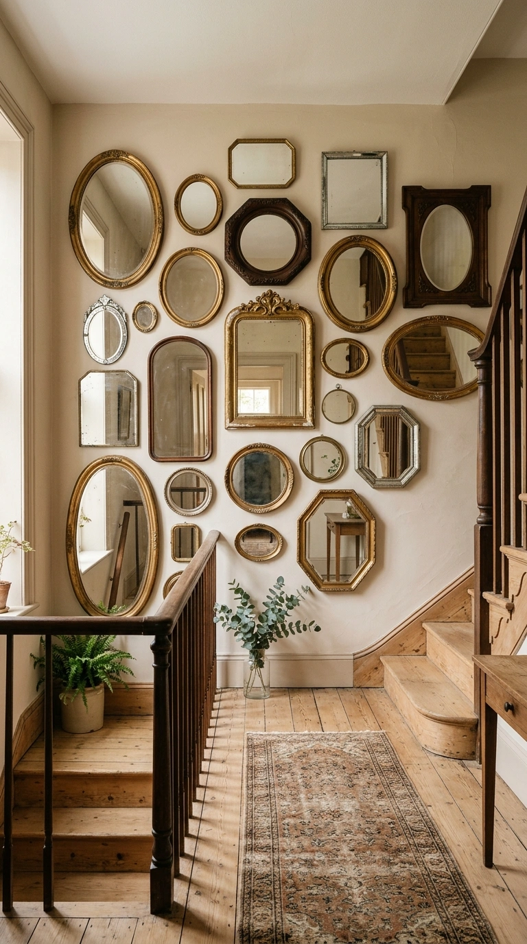 19 Stair Landing Decor Ideas to Make the Most of Your Space 15 014 Vintage Mirror Wall A stair landing wall styled wi