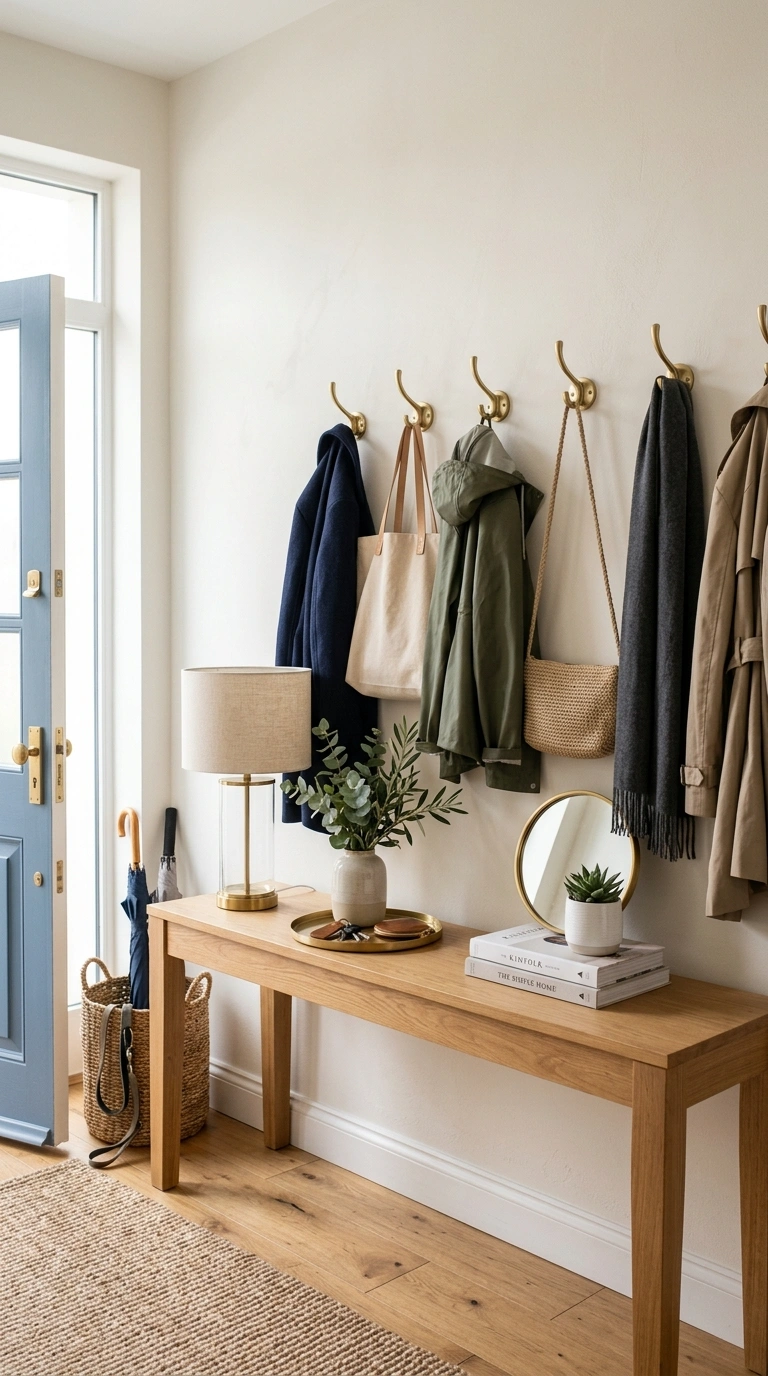 014 Wall Hooks Above An entryway table with a row of b