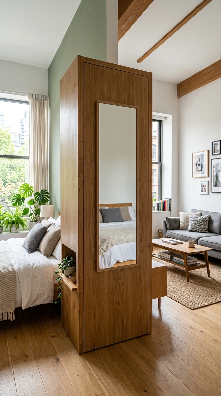 21 Smart Bedroom Divider Ideas for Stylish Studio Apartments 15 014 Wardrobe as Divider A tall freestanding wood wardr