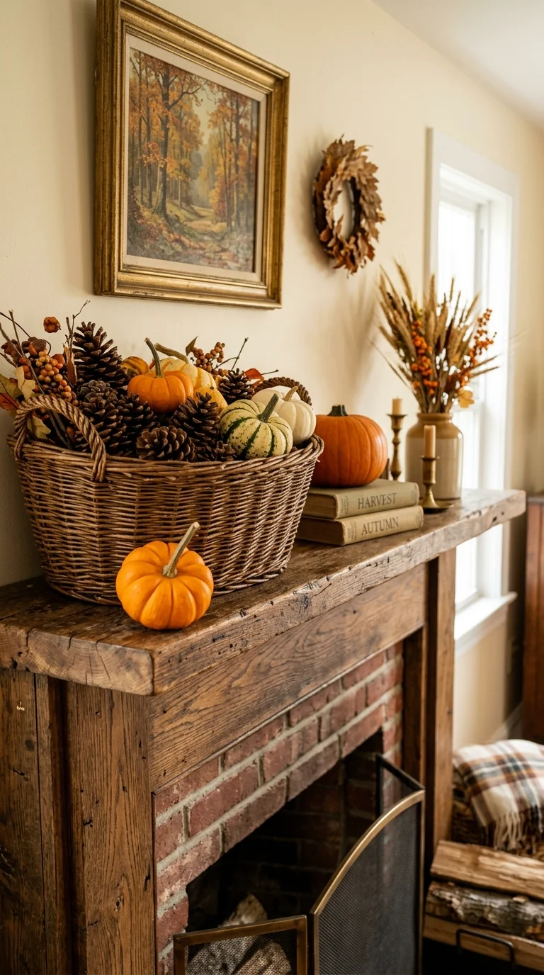014 Woven Basket Filler A fireplace mantel with a tall