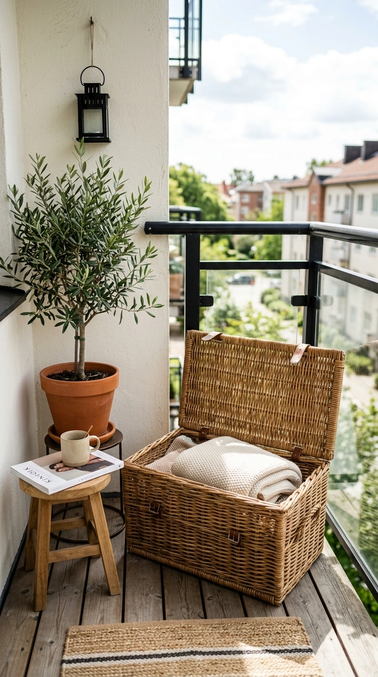 014 Woven Basket Storage A small balcony corner with a