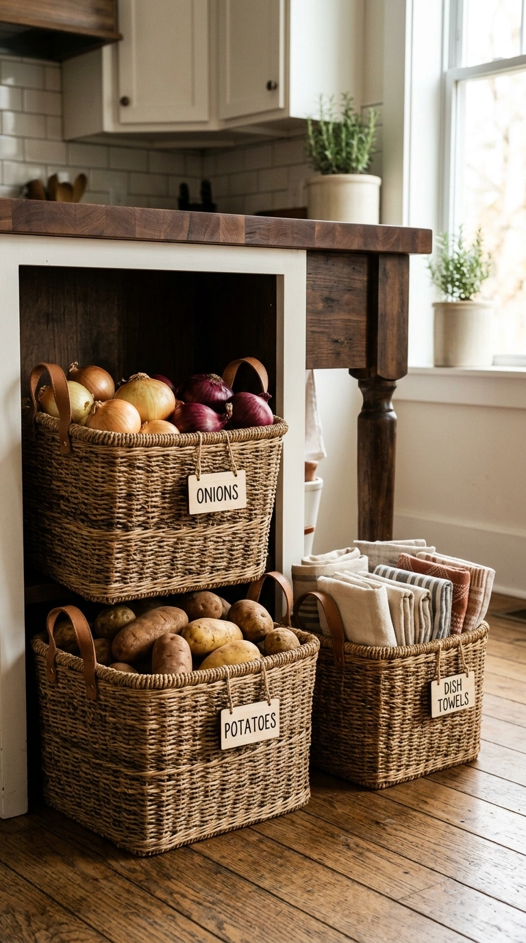 16 Gorgeous Fall Kitchen Ideas for a Warm and Cozy Home 15 014 Woven Basket Storage Rattan woven baskets holding