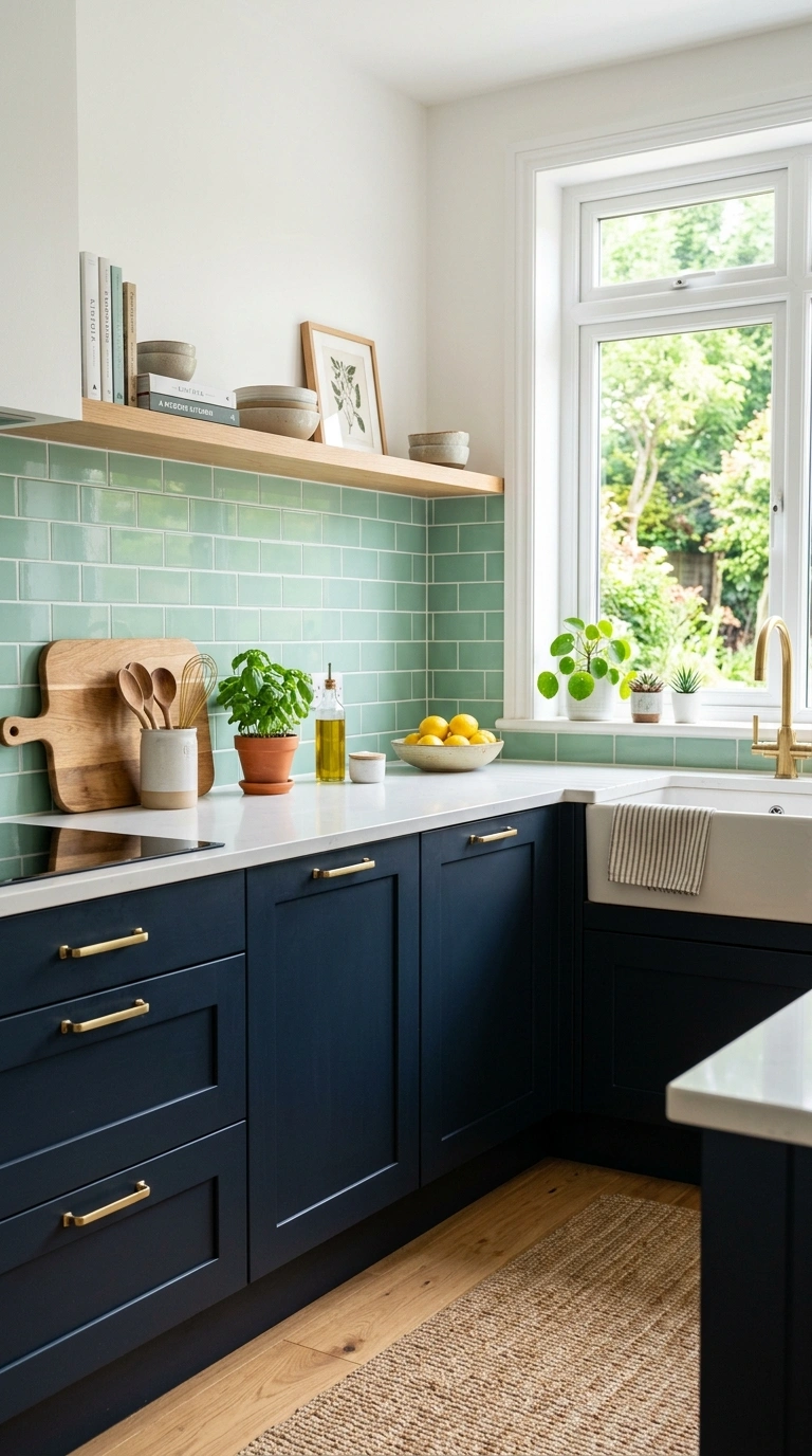 21 Colors That Pair Perfectly With Navy Blue 16 015 15 Navy And Mint A kitchen with navy blue lower ca