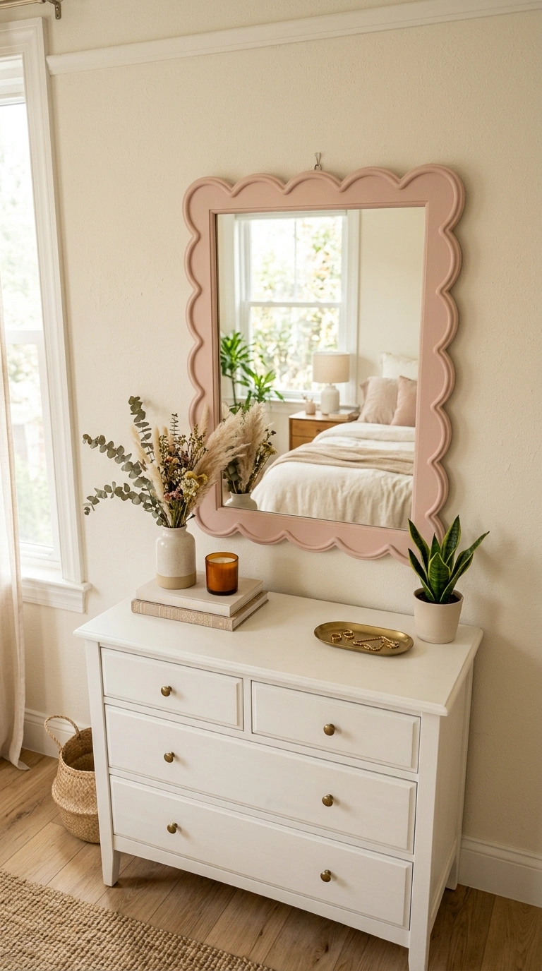 015 15 Pink Wall Mirror A scalloped blush pink framed