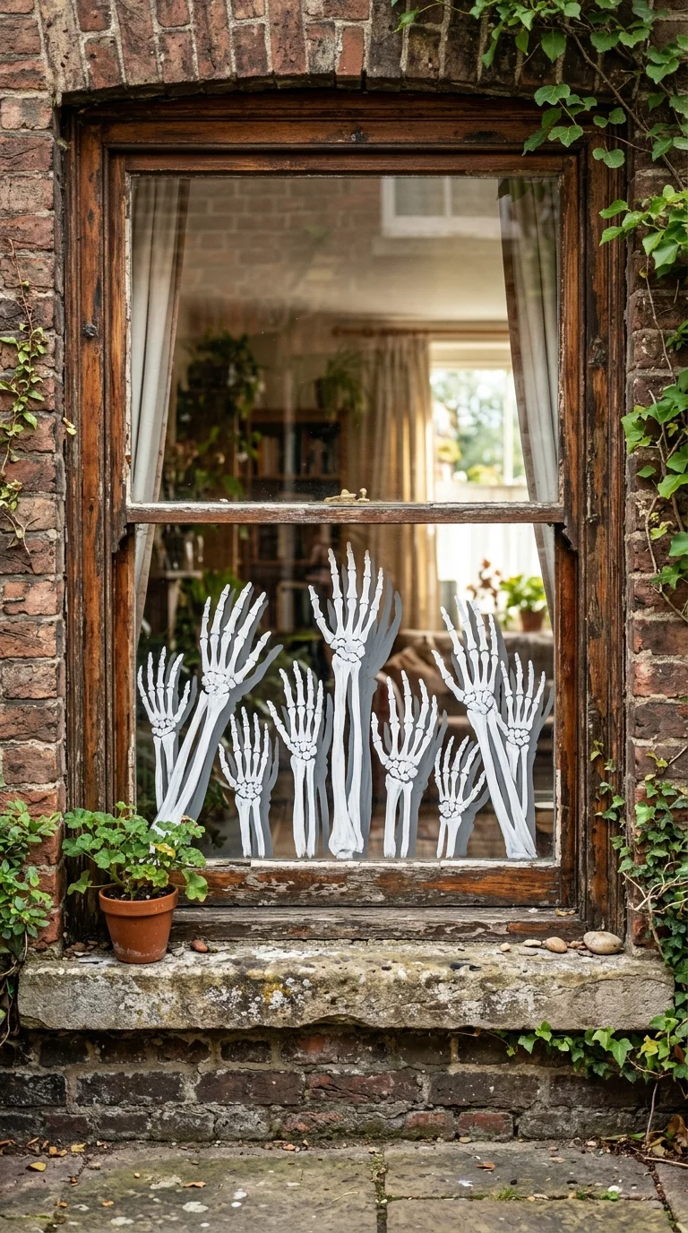 22 Halloween Window Painting Ideas to Make Your Home Stand Out 16 015 15Skeleton Hands Reaching A ground floor window pa