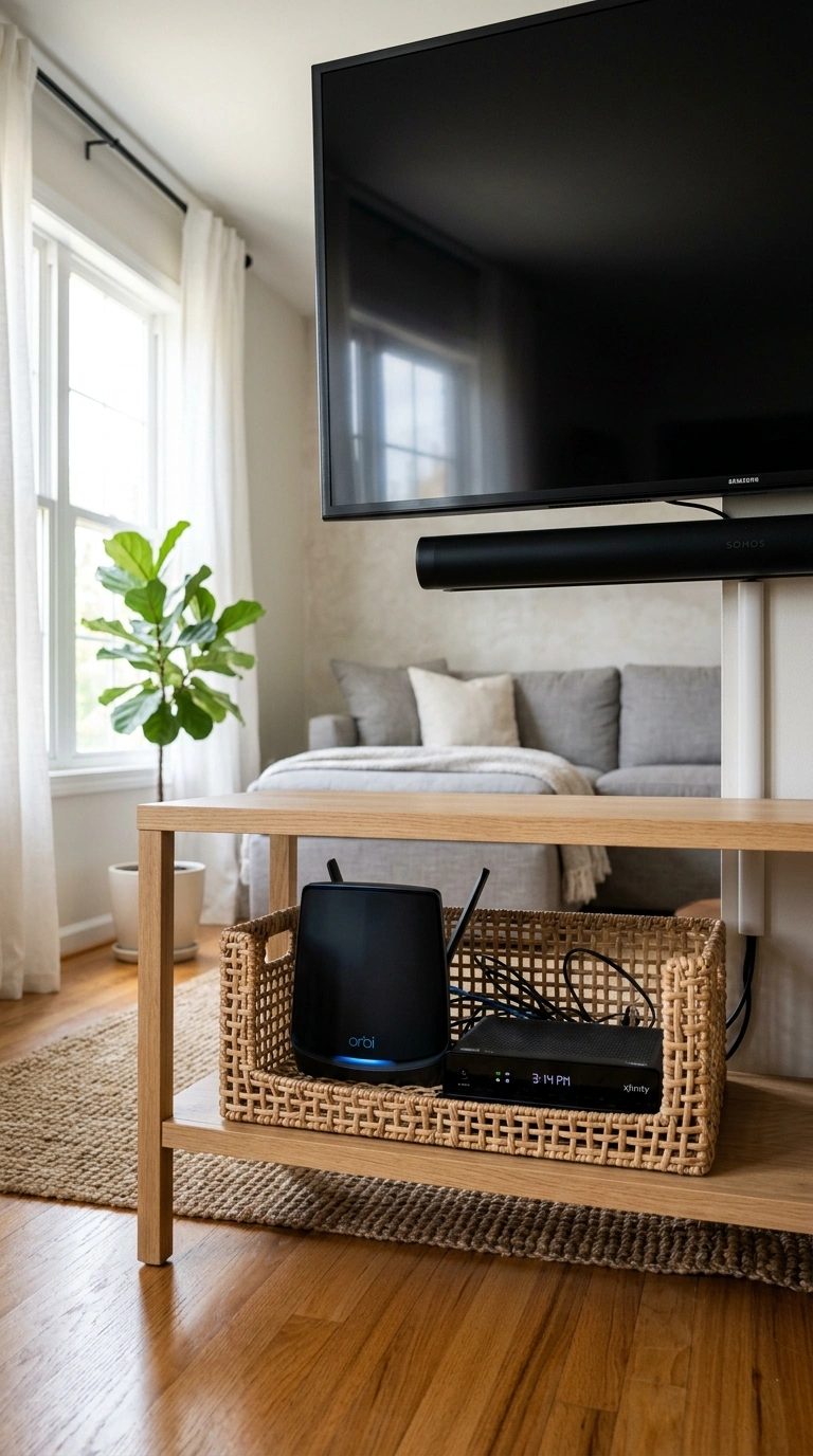 015 Cable Box Basket A lower shelf of a TV stand holdi