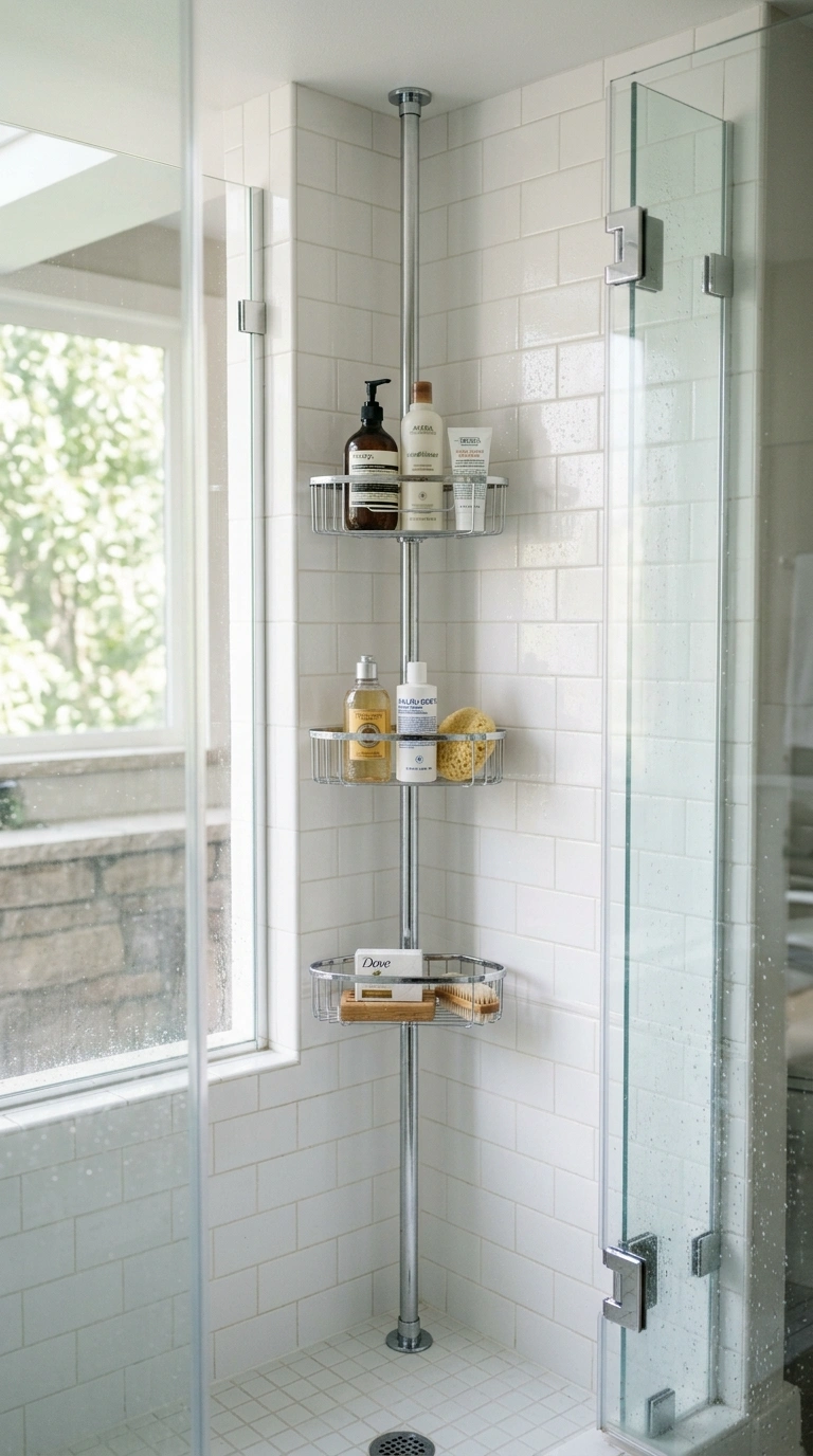 21 Bathroom Wall Decor Ideas for Black, Red & Chrome Themes + Smart Shower Storage 16 015 Chrome Corner Shelf A chrome tension pole corner s