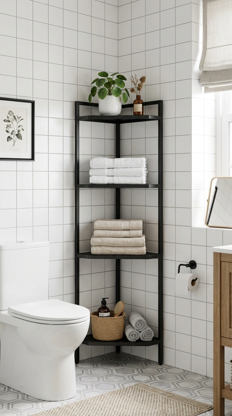 015 Corner Etagere Shelf A bathroom with a tall black