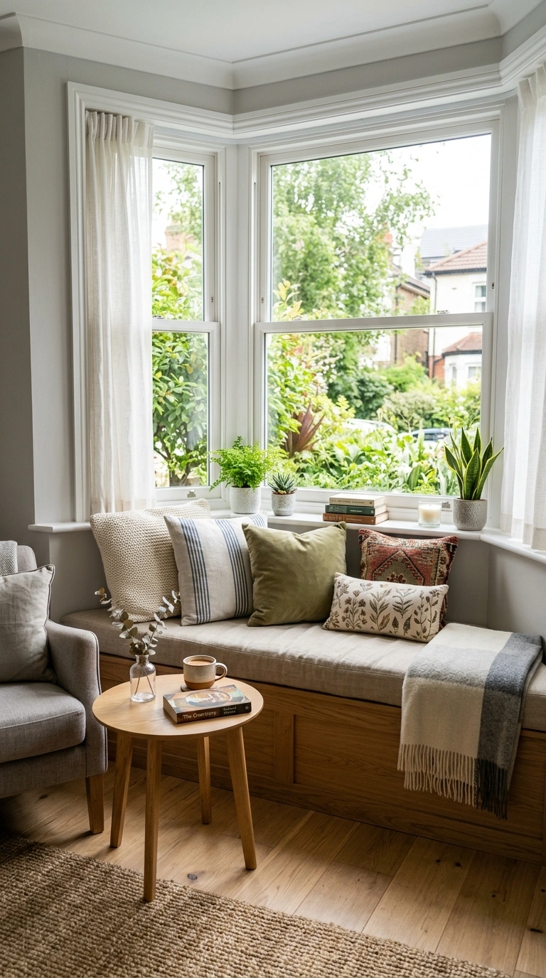 15 Stylish Living Room Trends for 2026 to Inspire Your Next Makeover 16 015 Cozy Window Bench A living room bay window with a