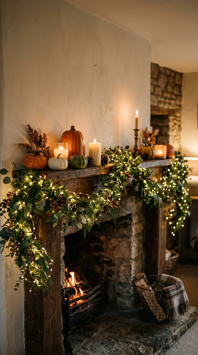 015 Fairy Light Drape A fireplace mantel with warm whi