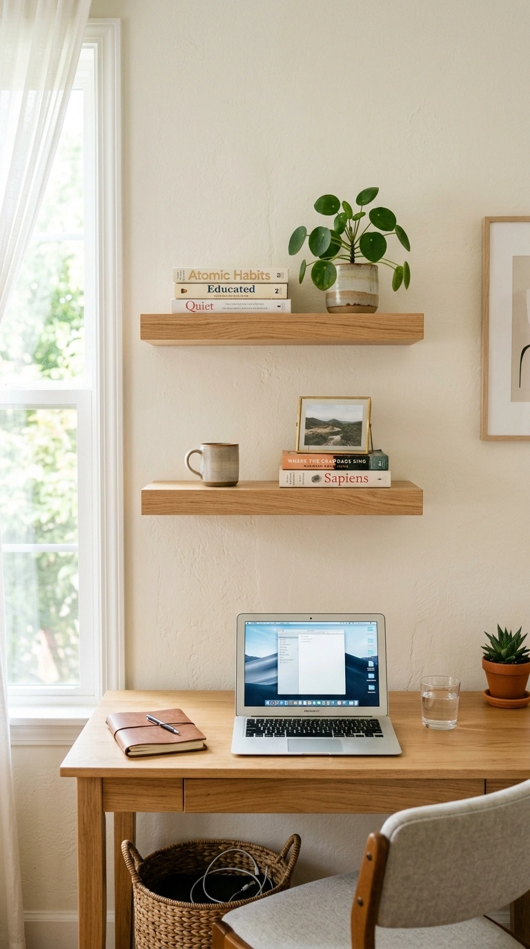 015 Floating Wood Shelves Two light wood floating shel