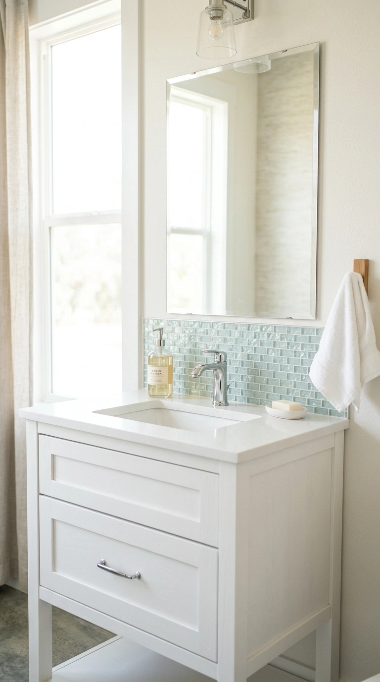 24 Bathroom Backsplash Ideas For Every Budget And Style 16 015 Glass Mosaic Tile A white vanity with a strip of p