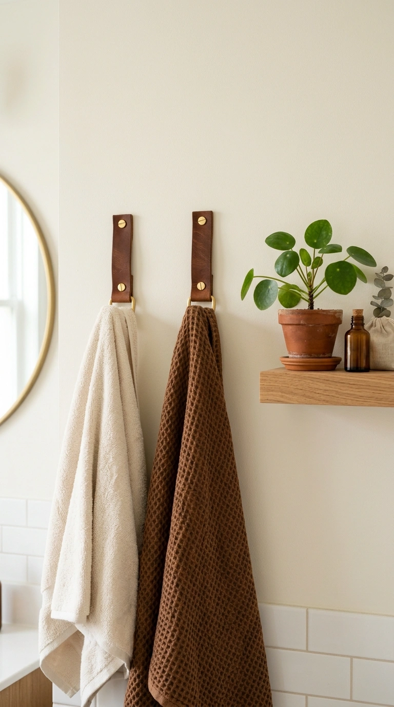 015 Leather Towel Hooks Brown leather strap towel hook