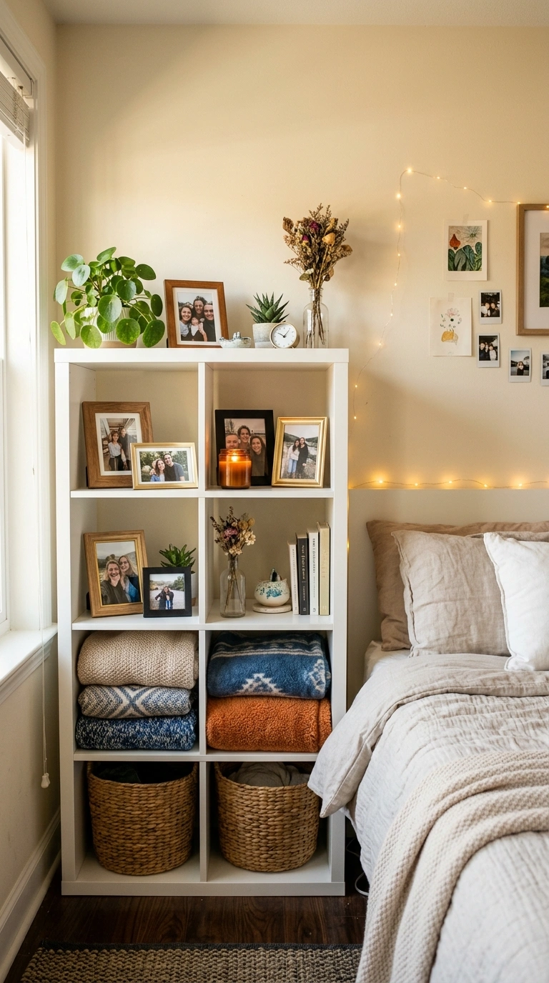 015 Memory Display Wall A Kallax unit beside a bed sty 1
