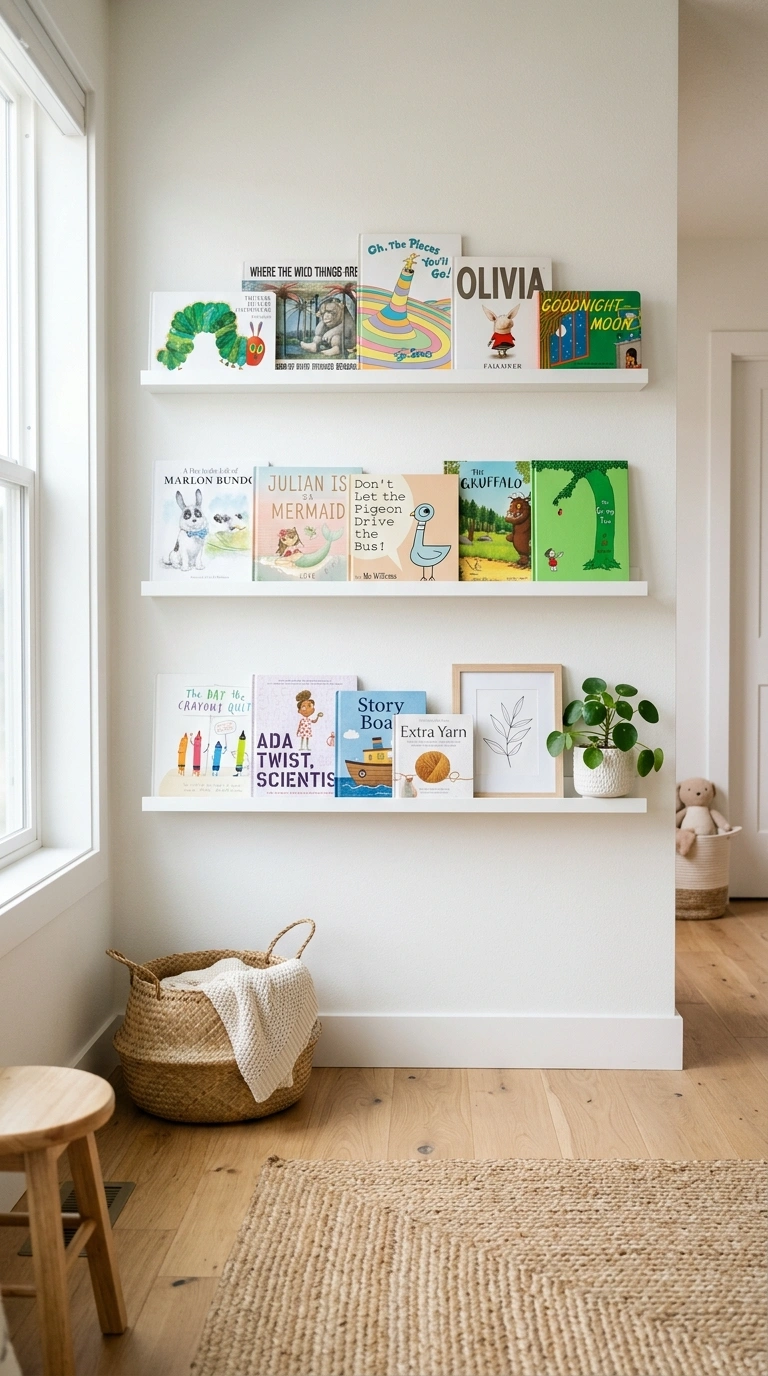 21 Small Home Library Ideas for Book Lovers 16 015 Picture Ledge Books Three thin white picture ledge