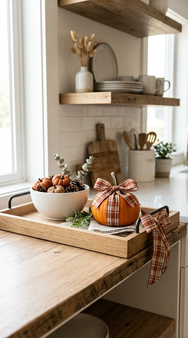 015 Plaid Ribbon Tray A tray on a kitchen shelf with a