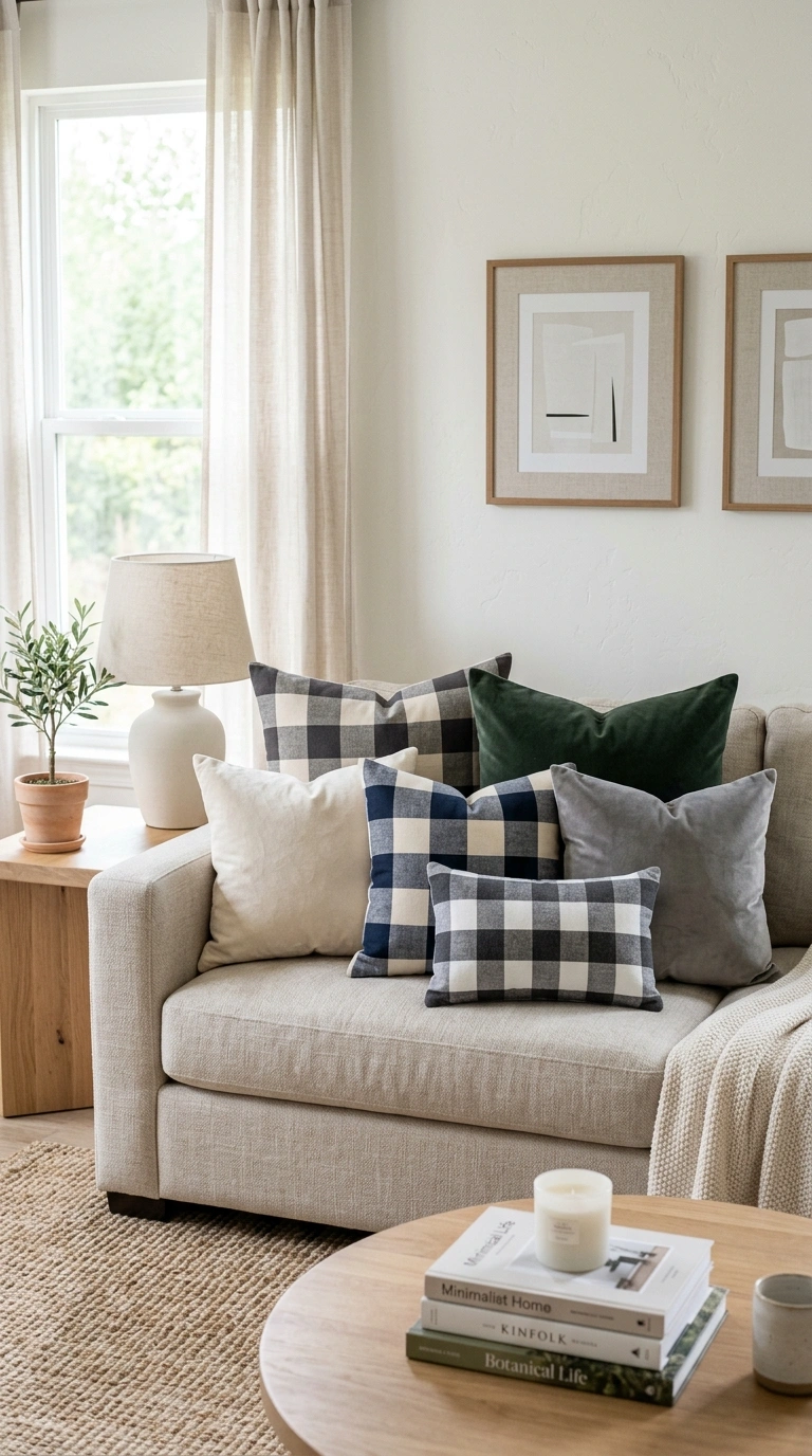 015 Plaid Throw Pillows A neutral sofa styled with buf