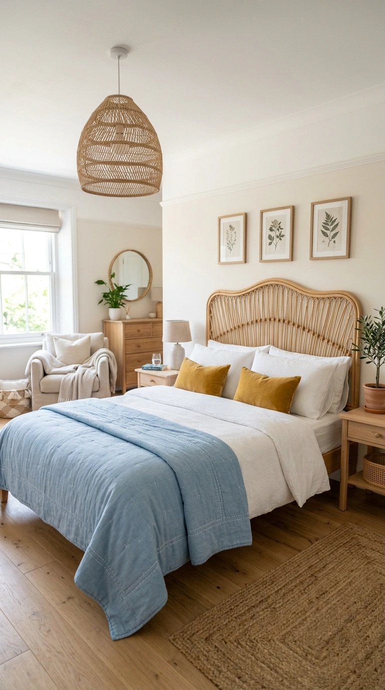 015 Rattan And Yellow A bedroom with a rattan woven he