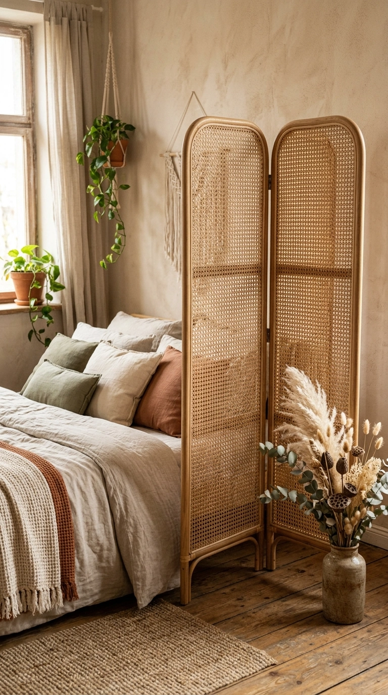 21 Smart Bedroom Divider Ideas for Stylish Studio Apartments 16 015 Rattan Room Screen A folding rattan screen with wo