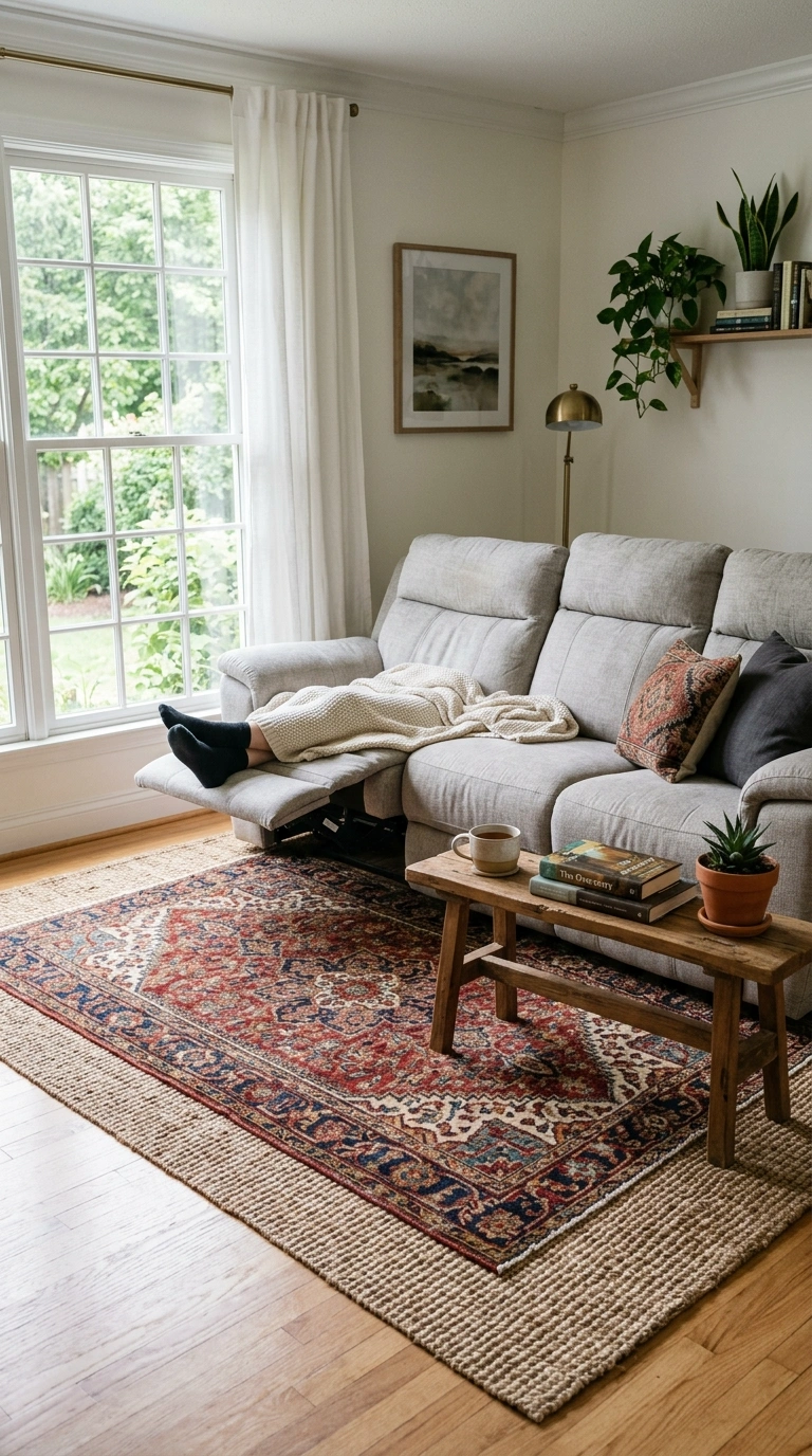 015 Reclining Sofa Rug Layer A living room with a neut