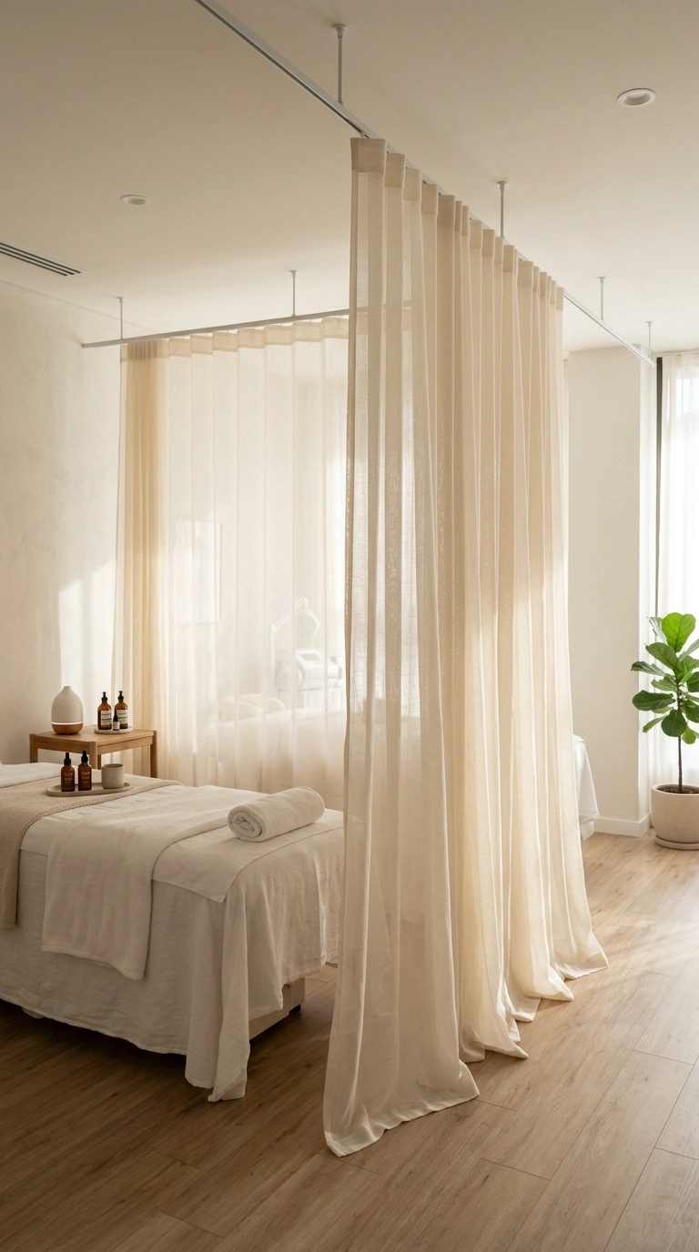 22 Stunning Beauty Salon Interior Design Ideas on a Budget 16 015 Soft Curtain Dividers A salon treatment room separ
