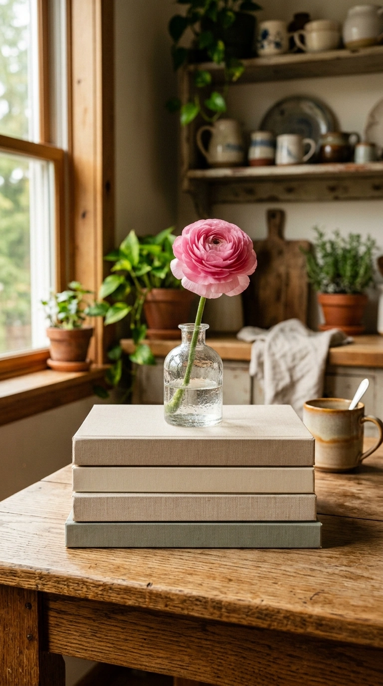 015 Stacked Books And Bloom A cozy kitchen table with