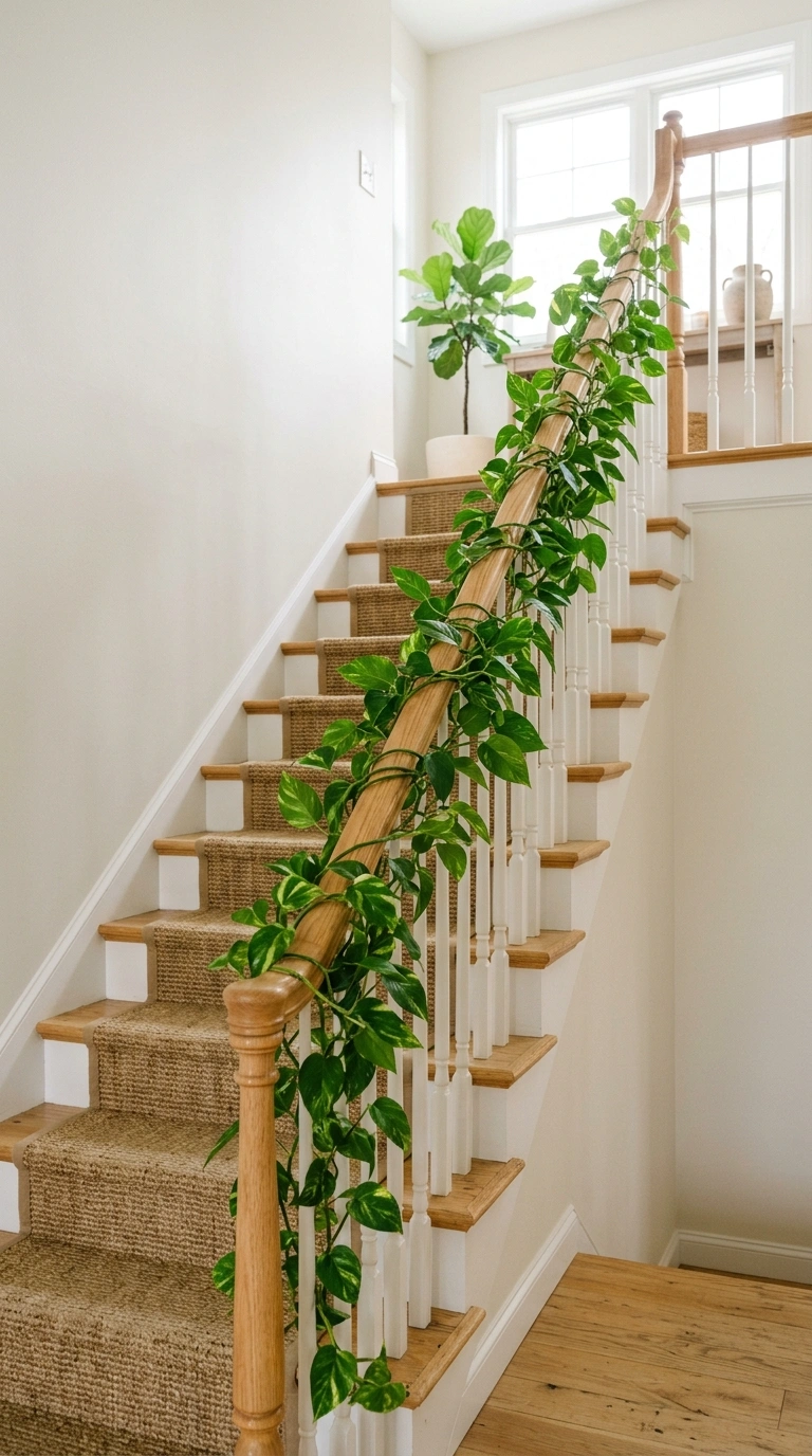 19 Stair Landing Decor Ideas to Make the Most of Your Space 16 015 Stair Rail Greenery A staircase leading up to a la