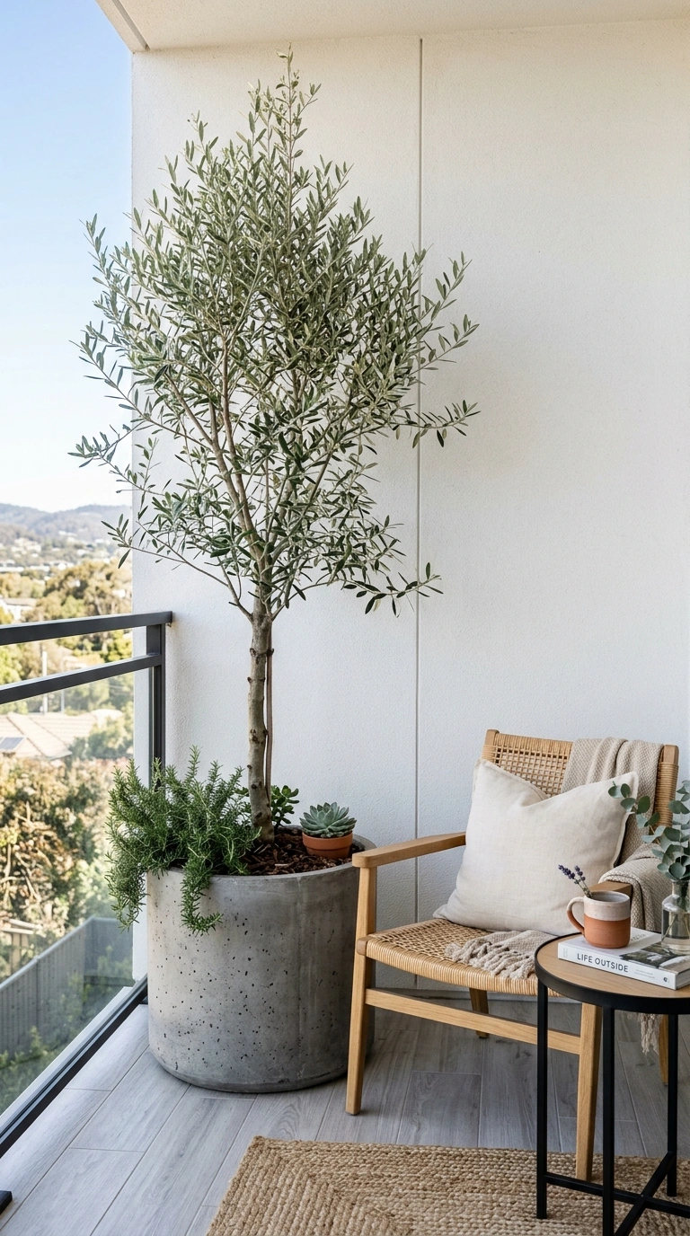015 Tall Potted Tree A balcony corner with a tall oliv