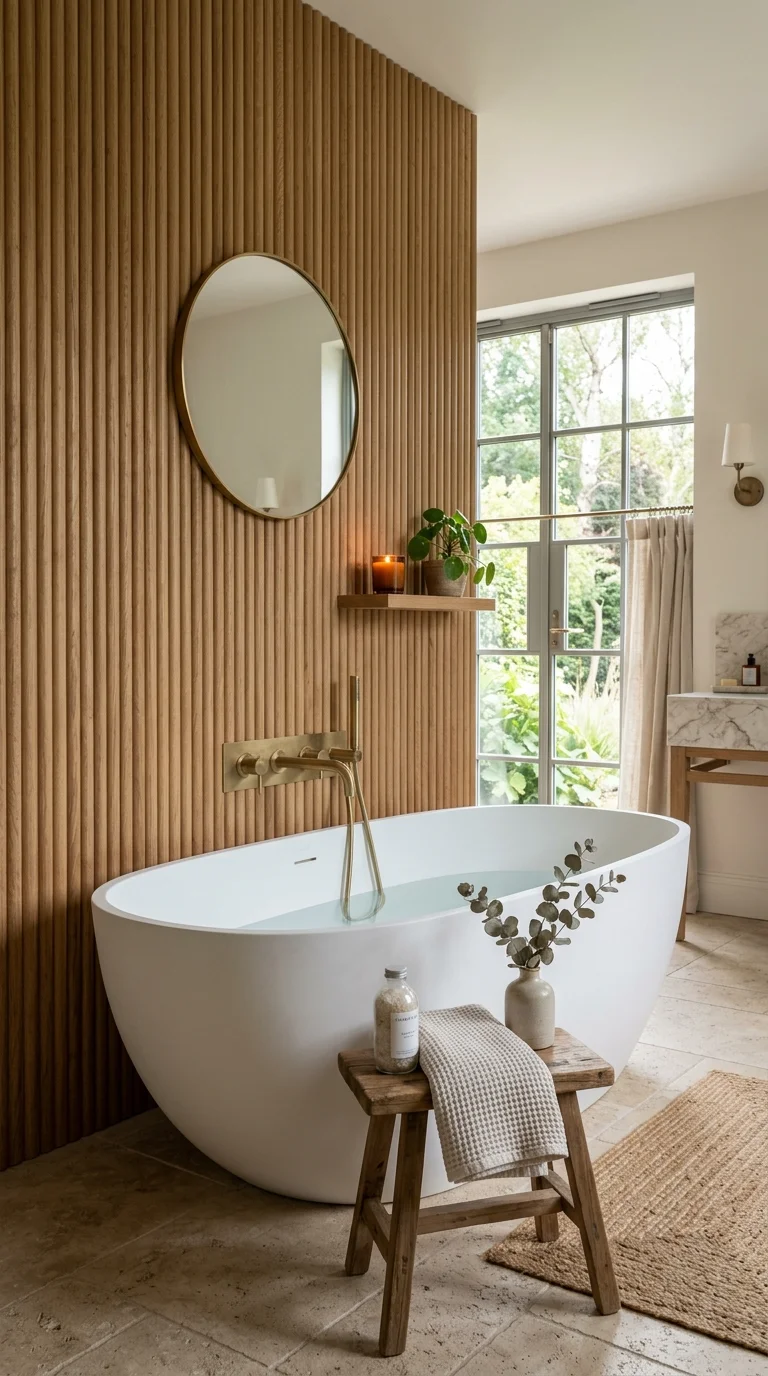 19 Bathroom Remodel Ideas to Refresh Your Space 16 015 Textured Accent Wall A bathroom with a fluted wood