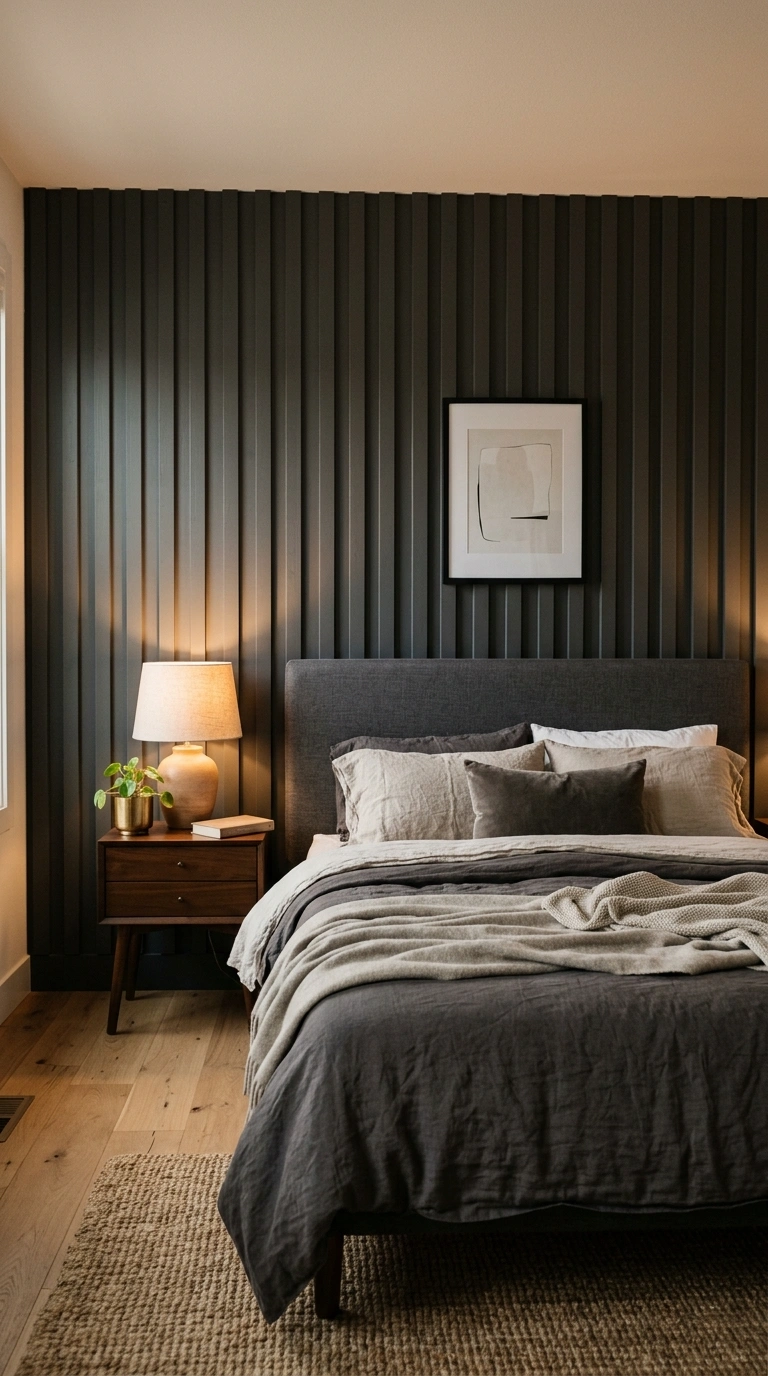 015 Textured Wall Paneling A bedroom wall behind the b