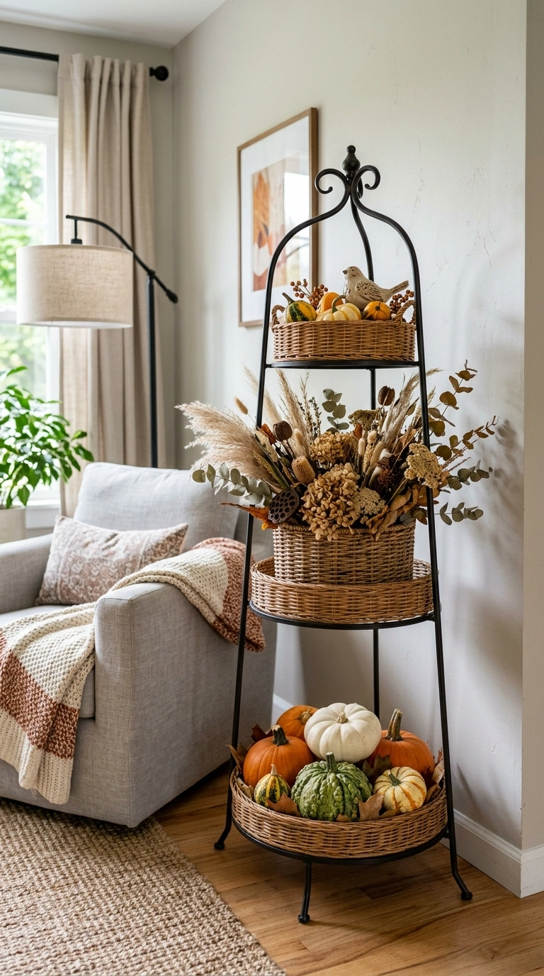 16 Beautiful Fall Basket Ideas to Add Seasonal Charm 16 015 Tiered Basket Stand A living room corner with a me