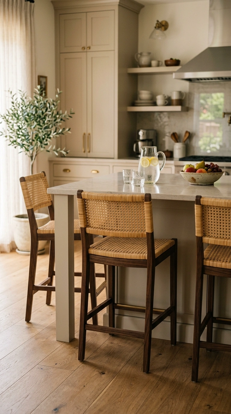 015 Woven Bar Stools Three rattan bar stools with dark