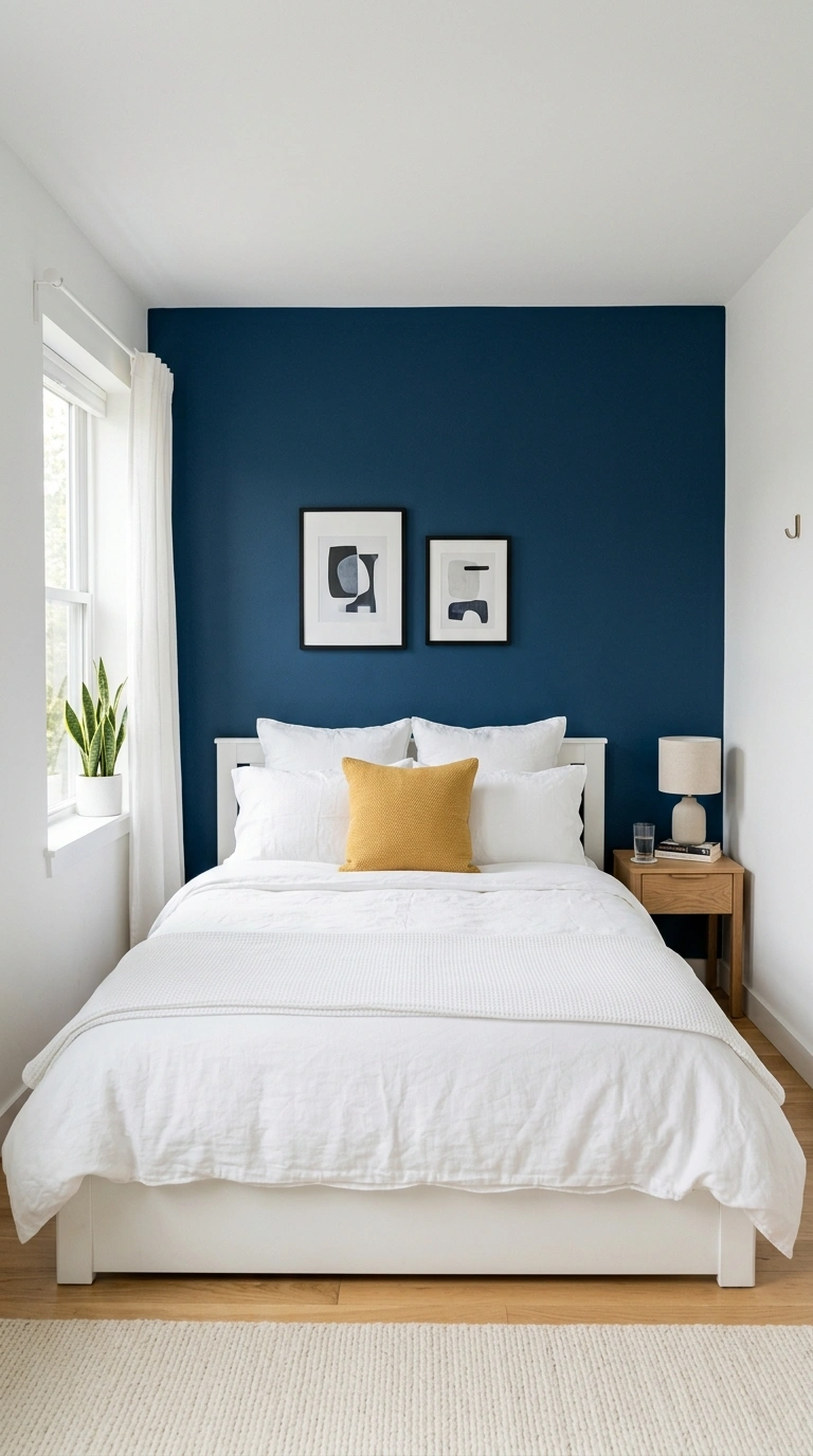 016 16 Blue Accent Wall A bedroom with three white wal