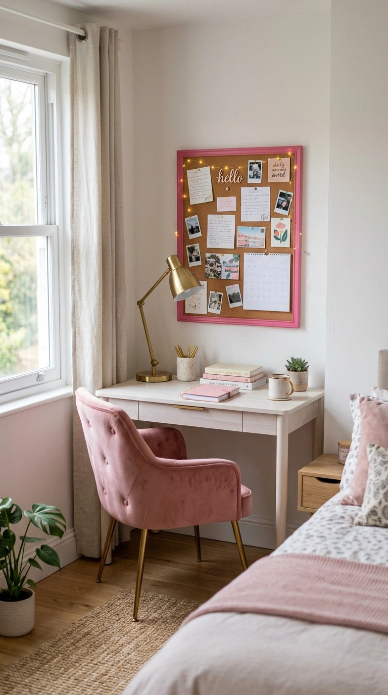 016 16 Pink Desk Nook A small bedroom desk nook with a