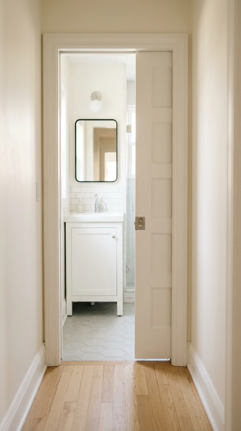 016 16 Pocket Door Swap A narrow bathroom hallway with