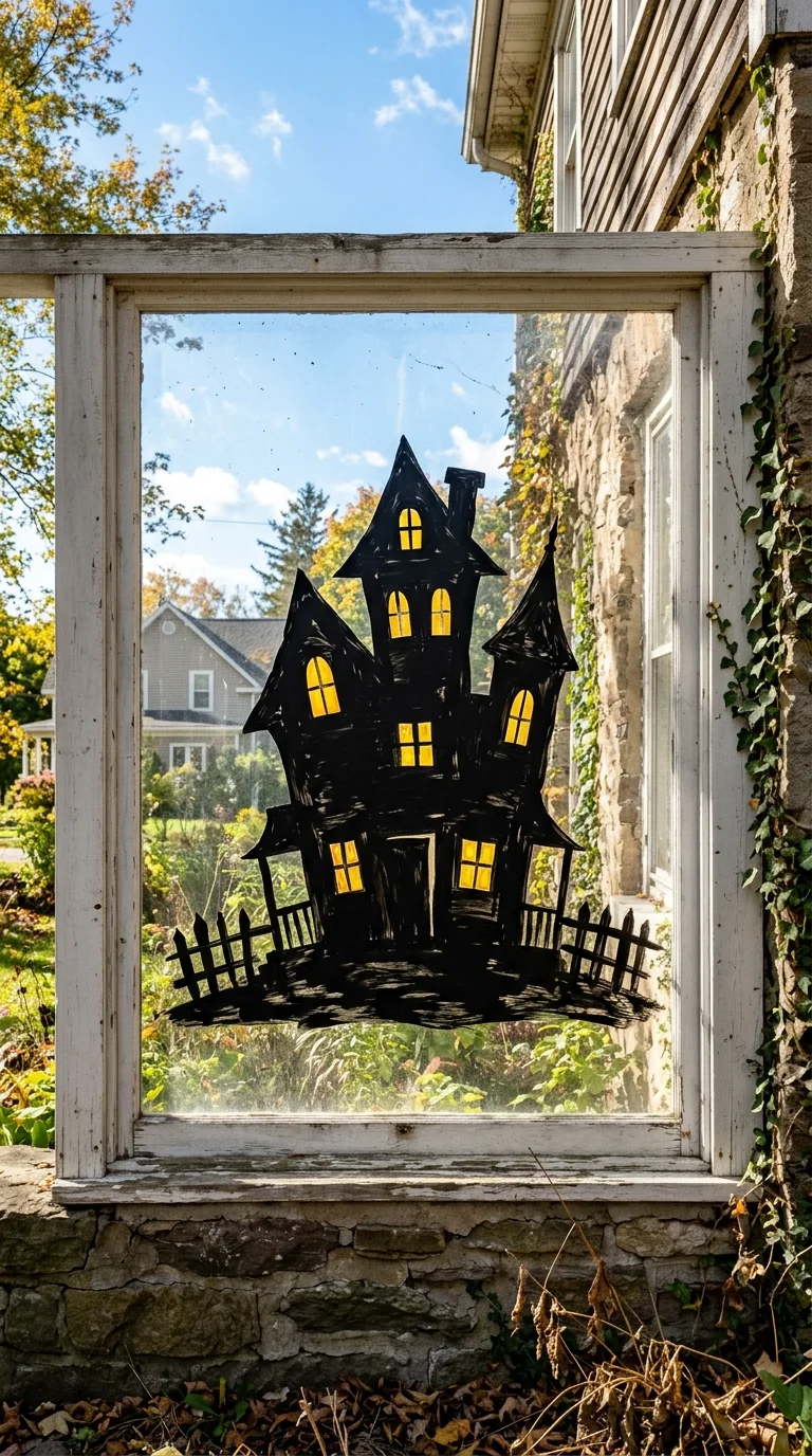 22 Halloween Window Painting Ideas to Make Your Home Stand Out 17 016 16Haunted House Outline A large front window paint