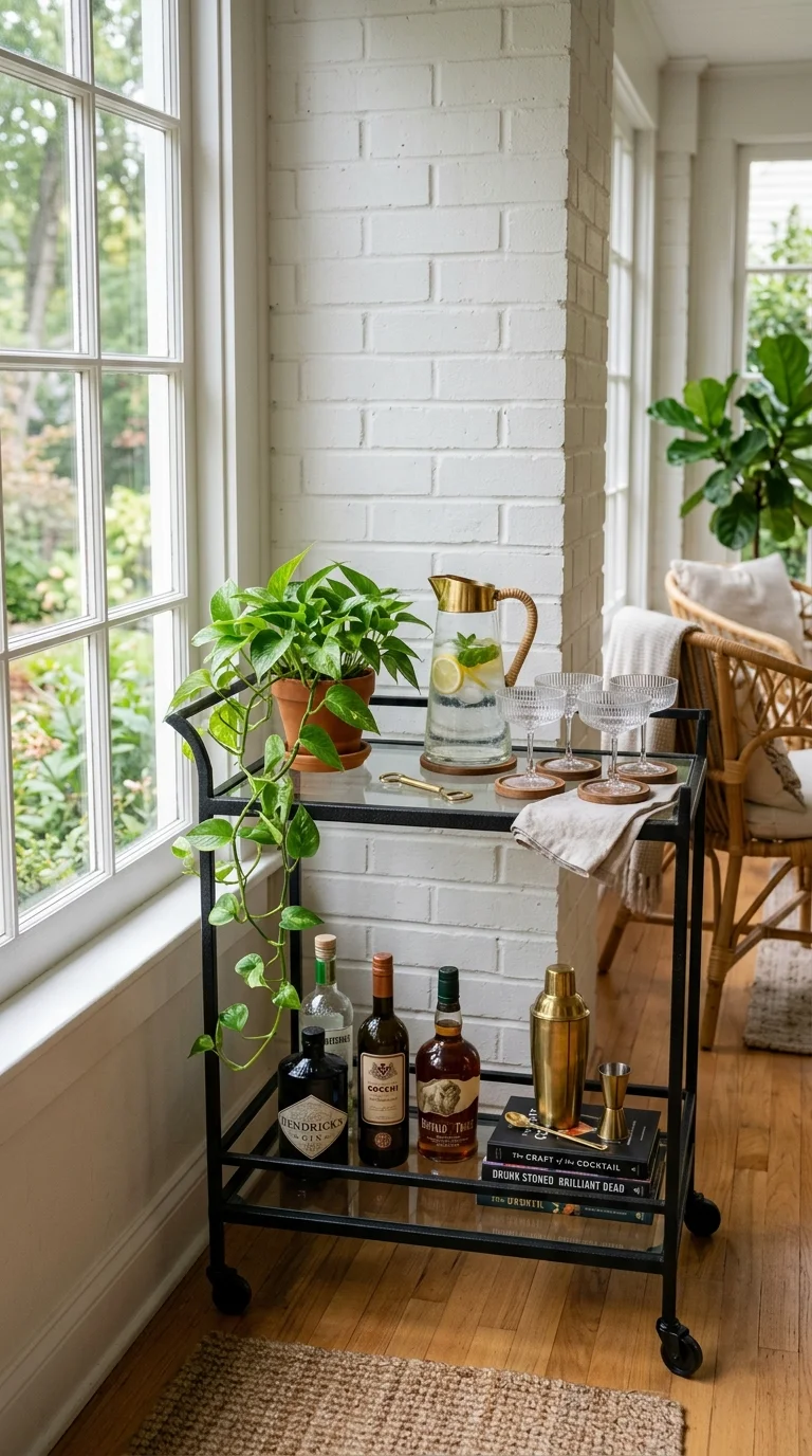 18 Sunroom Ideas for a Bright and Cozy Retreat 17 016 Bar Cart Nook A sunroom corner with a black metal