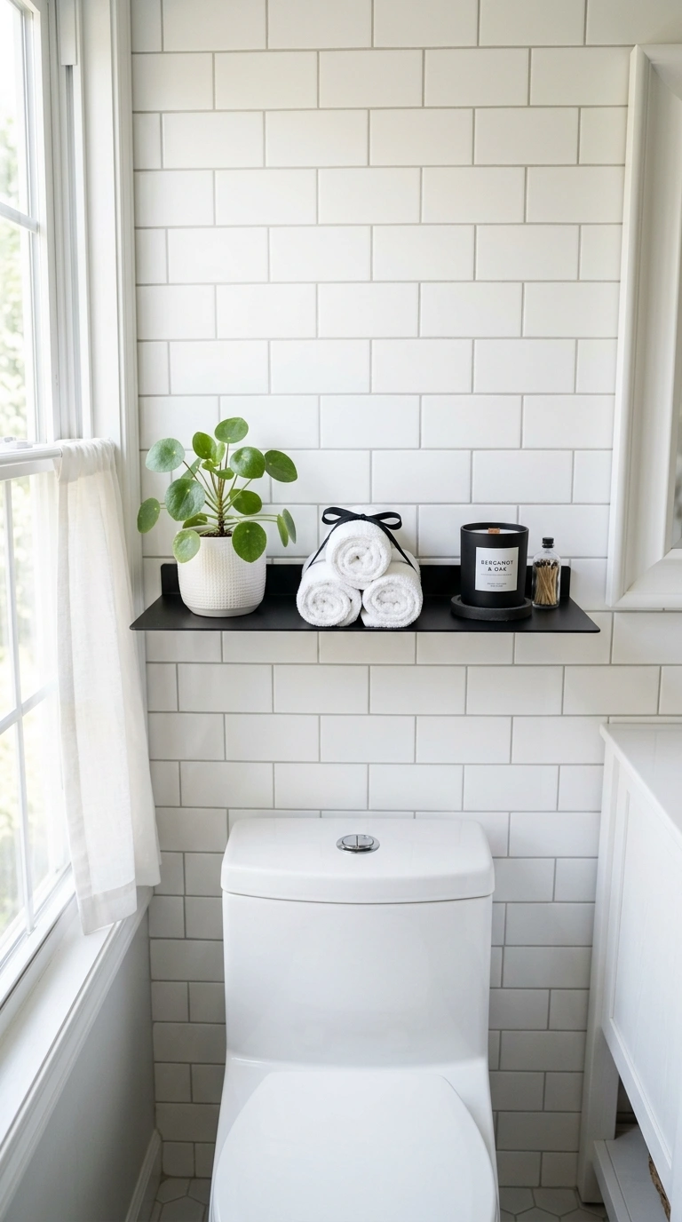 21 Bathroom Wall Decor Ideas for Black, Red & Chrome Themes + Smart Shower Storage 17 016 Black Floating Shelf A thin black floating shelf a