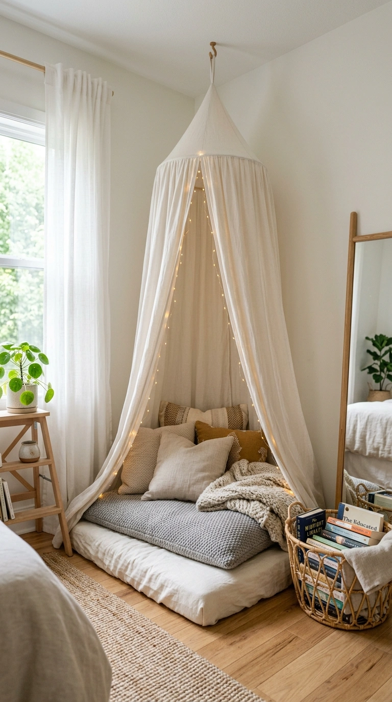 23 Simple Reading Nook Ideas You Can Set Up Today 17 016 Canopy Reading Tent A white linen canopy hanging f