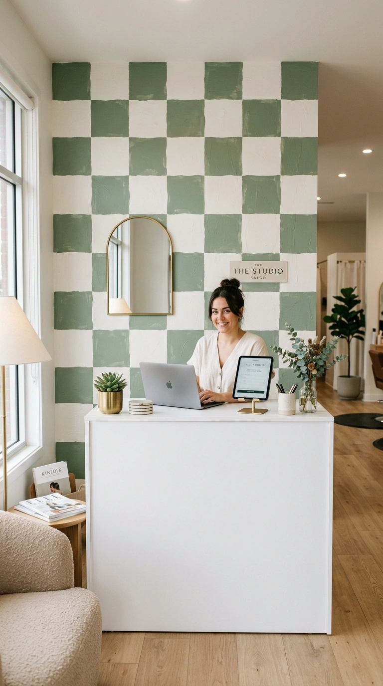 22 Stunning Beauty Salon Interior Design Ideas on a Budget 17 016 Checkerboard Accent Wall A salon reception desk ba