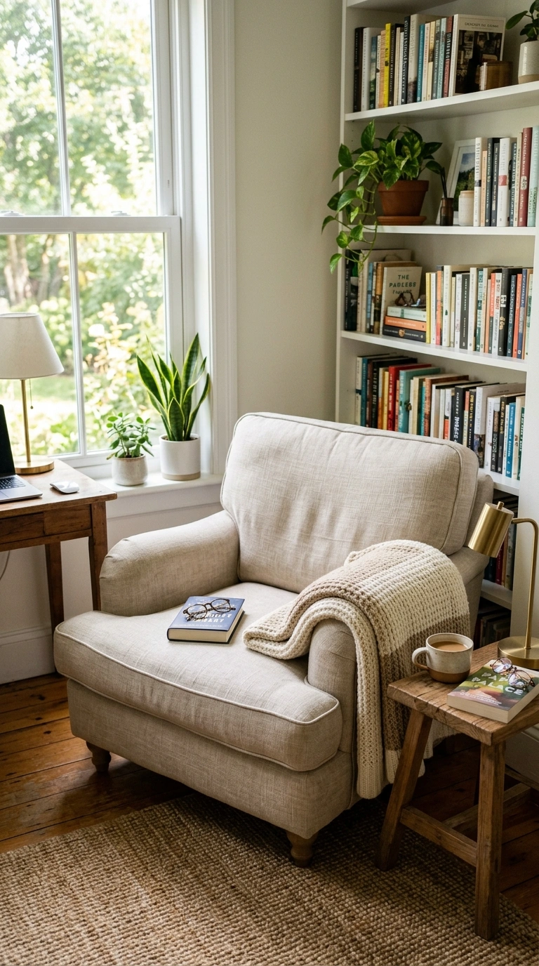 016 Cozy Reading Chair A soft neutral accent chair in