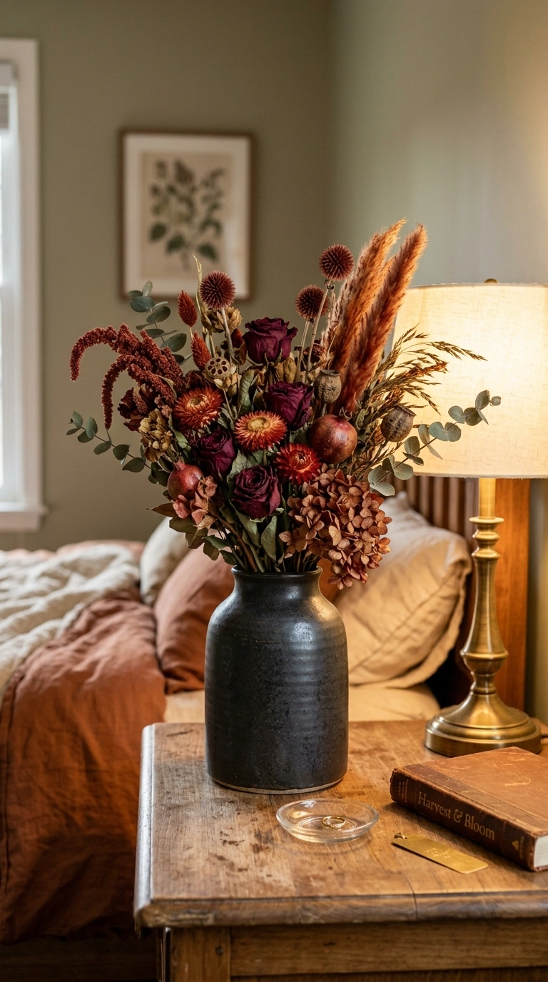016 Dried Floral Arrangement A dark ceramic vase holdi