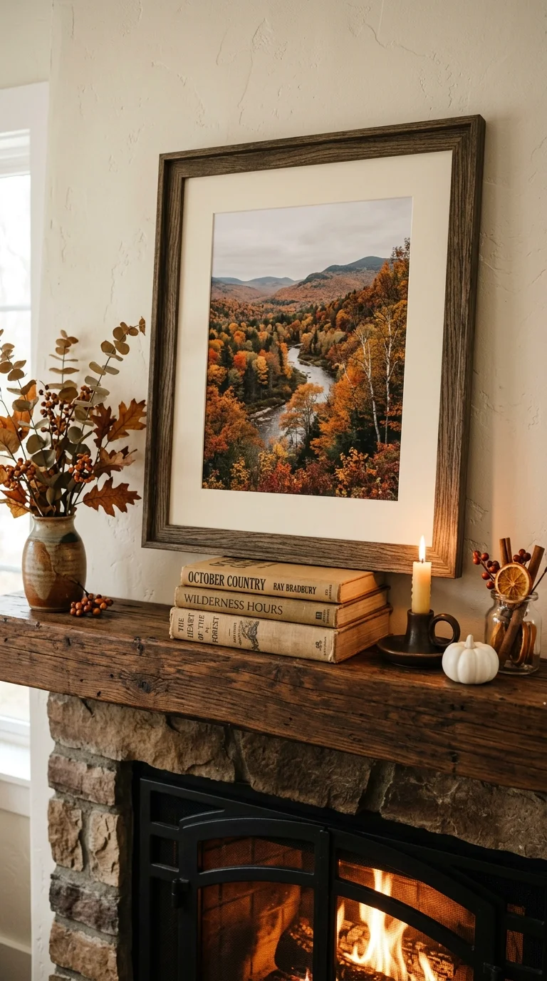 016 Framed Fall Print A fireplace mantel with a framed