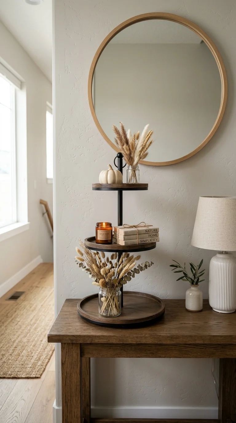 016 Hallway Console Tray A tall narrow tiered tray on