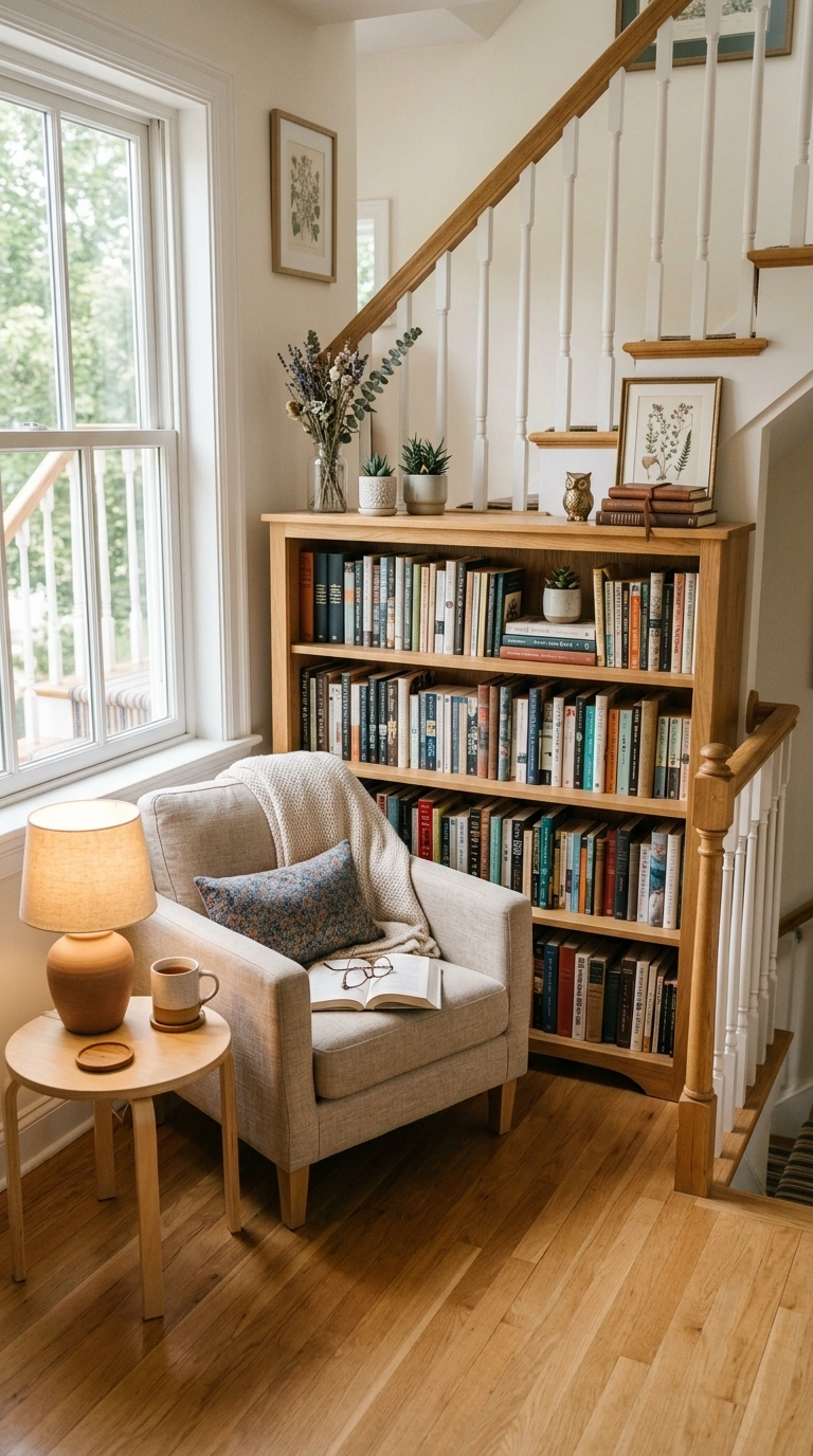 19 Stair Landing Decor Ideas to Make the Most of Your Space 17 016 Mini Library Nook A wide stair landing with a wais
