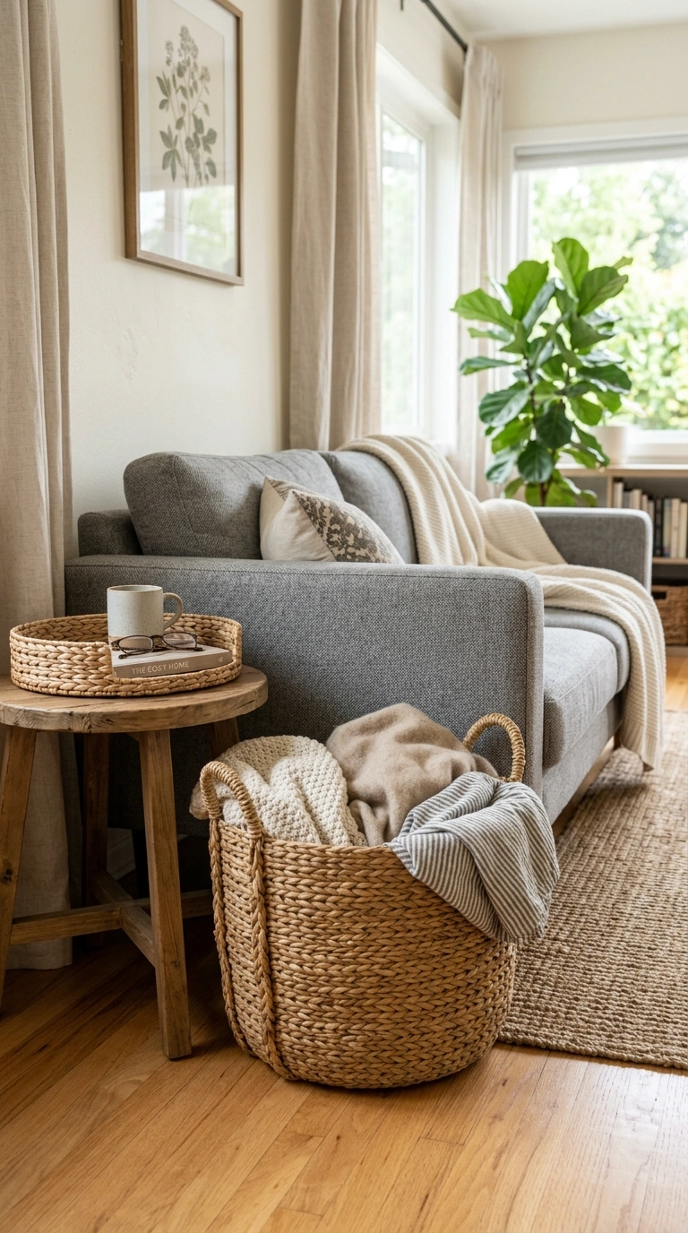 016 Natural Fiber Baskets A grey fabric couch with a l