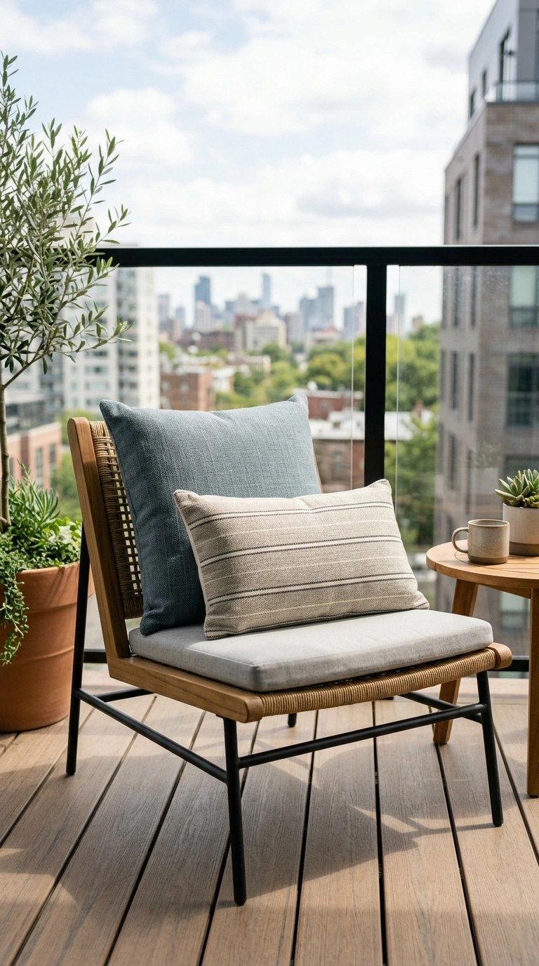 016 Outdoor Throw Pillows A balcony chair styled with