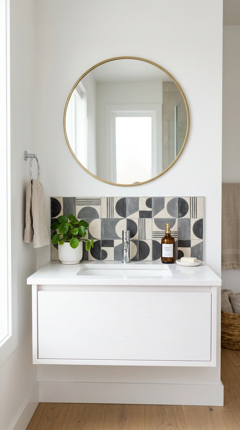 24 Bathroom Backsplash Ideas For Every Budget And Style 17 016 Patterned Cement Tile A simple white vanity with a