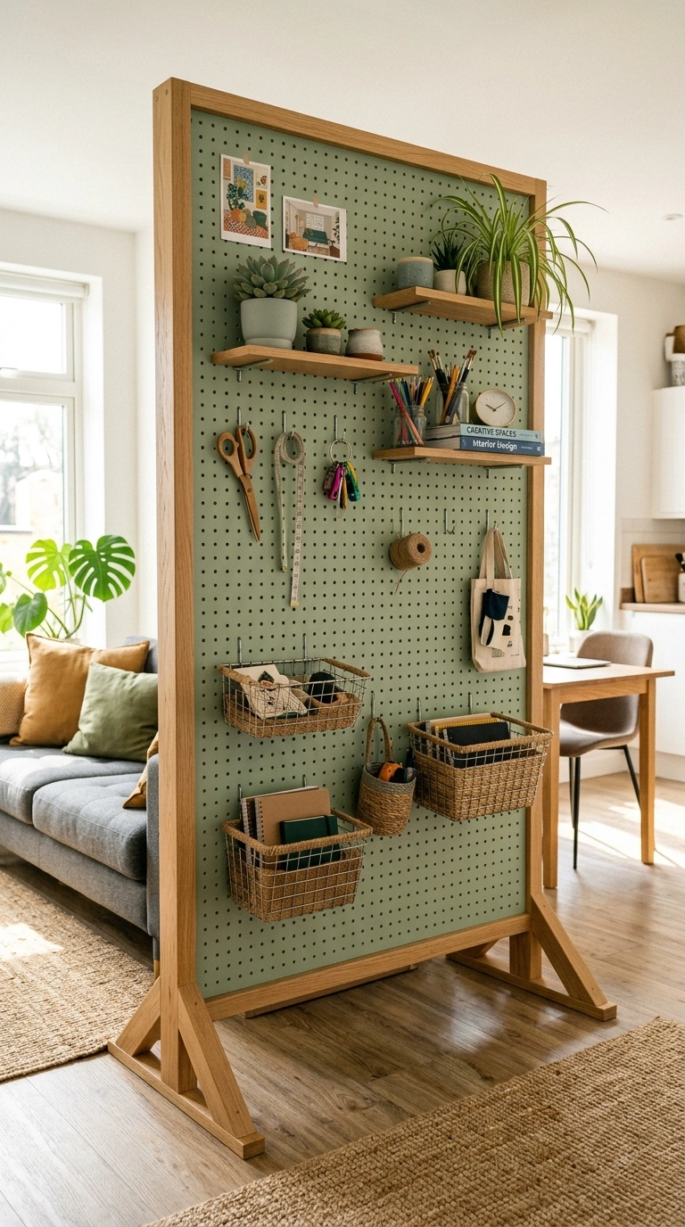 21 Smart Bedroom Divider Ideas for Stylish Studio Apartments 17 016 Pegboard Wall Divider A painted sage green pegboar
